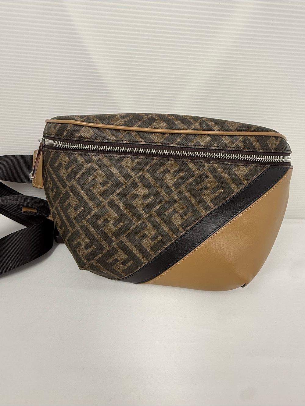 Fendi Brown Monogram Canvas Belt Bag with Tan & Black Leather Trim